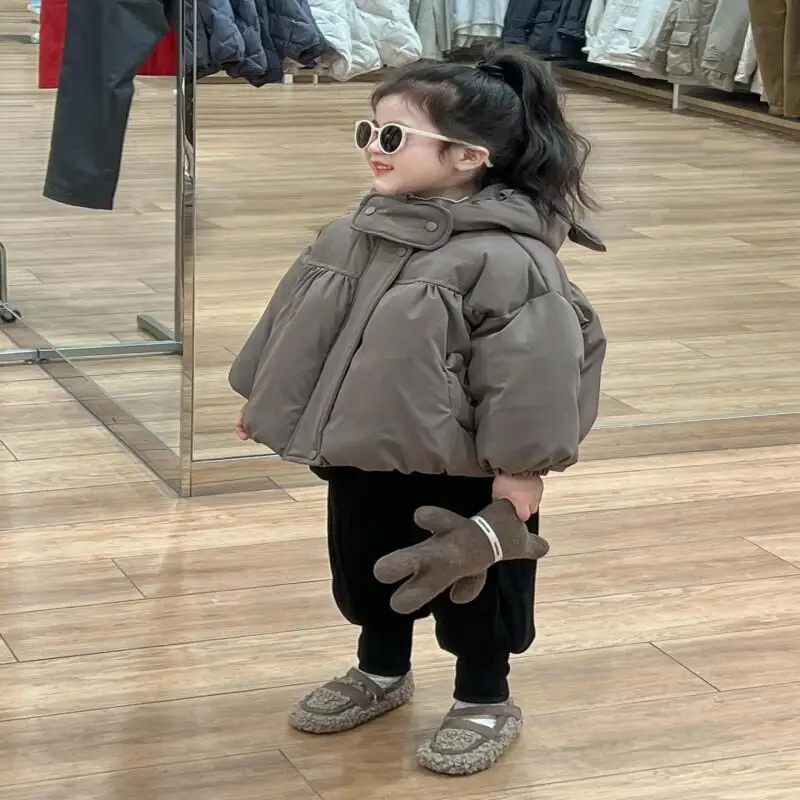 

2025 стеганая куртка для девочек, осенне-зимнее теплое пальто, верхняя одежда с капюшоном, однотонные топы, удобная детская одежда для детей 4-8 лет