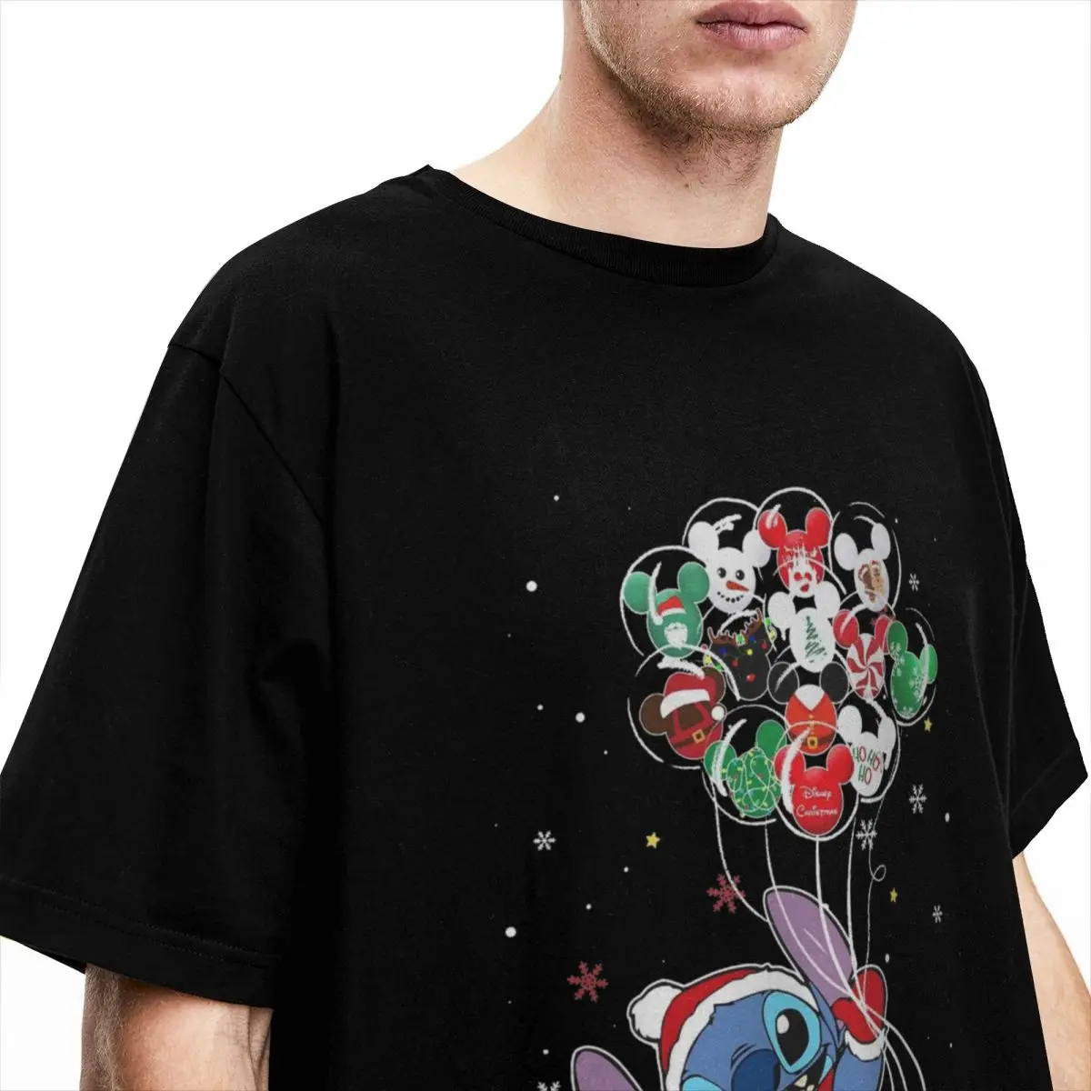 Awesome Cute Stitch Hold Balloons Christmas T-Shirt for Men Crewneck Cotton T Shirts Short Sleeve Tees Plus Size Clothing