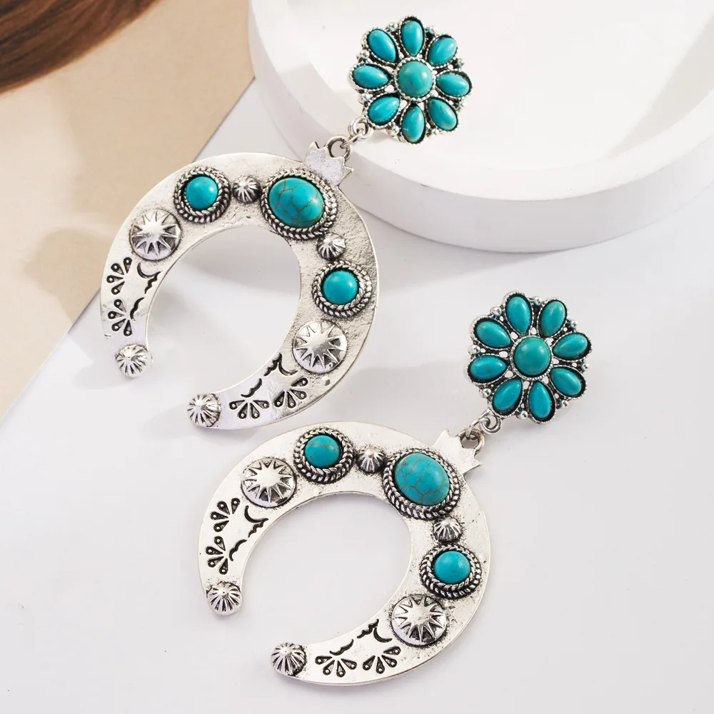 Silver Color Bull Skull Stud Earrings Bull Skeleton Cowboy Jewelry Women\'s Burnished Turquoise Squash Blossom Earrings Wholesale