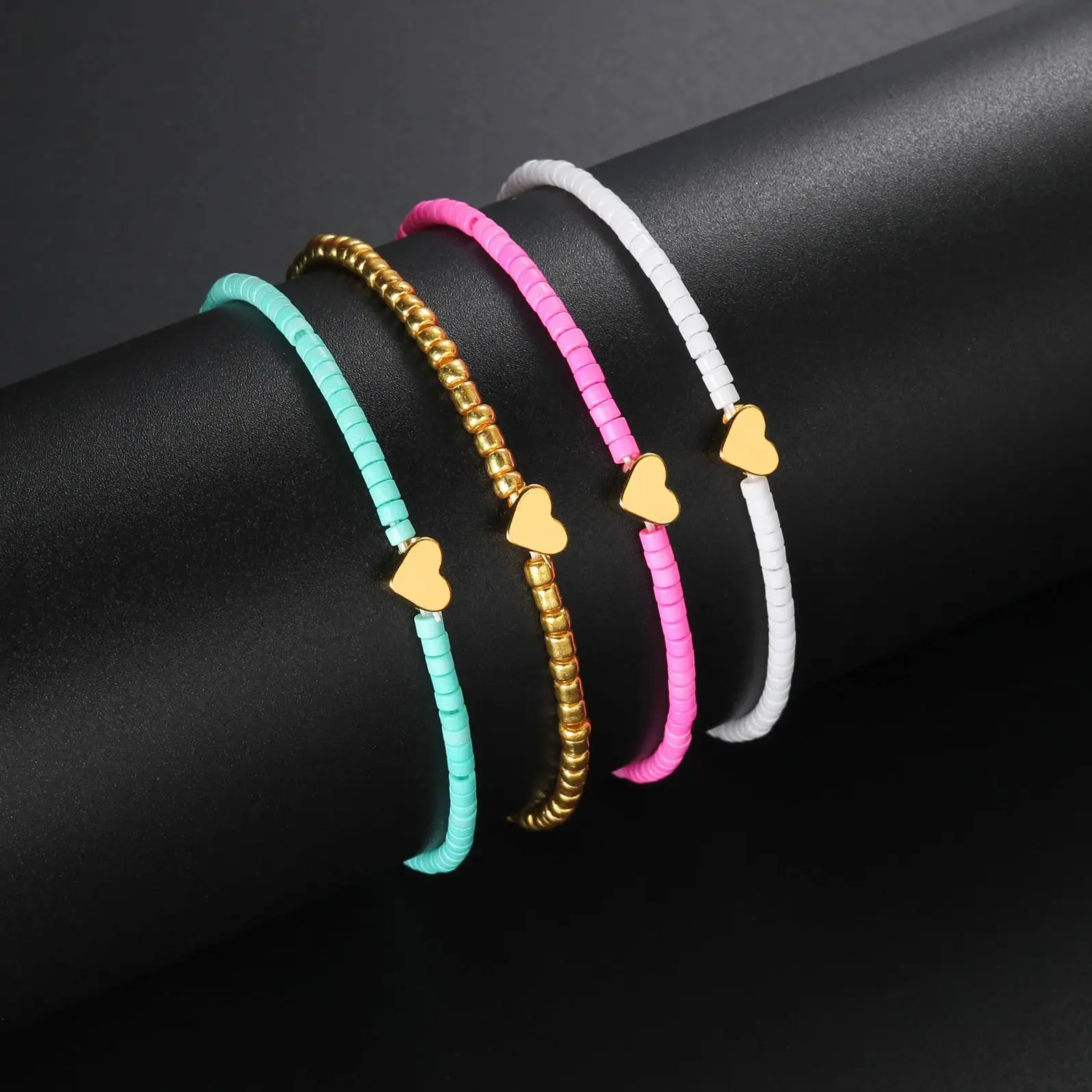 4Pcs Boho Colorful Beads Chain Bracelet Set For Women Charm Heart Charm Bangle Female Fashion Party Jewelry