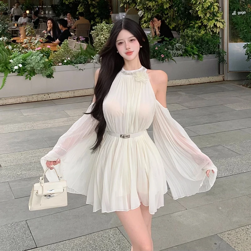 Robe Chic en mousseline de soie pour femmes, épaules dénudées, décolleté, plissée, drapée, ample, amincissante, manches cloche, Mini robe avec ceinture, nouvelle collection été 2025