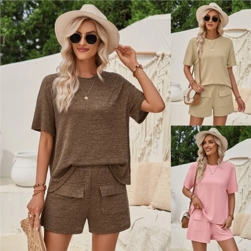 Women's 2 Pieces Set Summer New Fashion Female Tops Solid Short Sleeve T-shirt Elastic Waist Shorts Casual Suit Streetwear Women