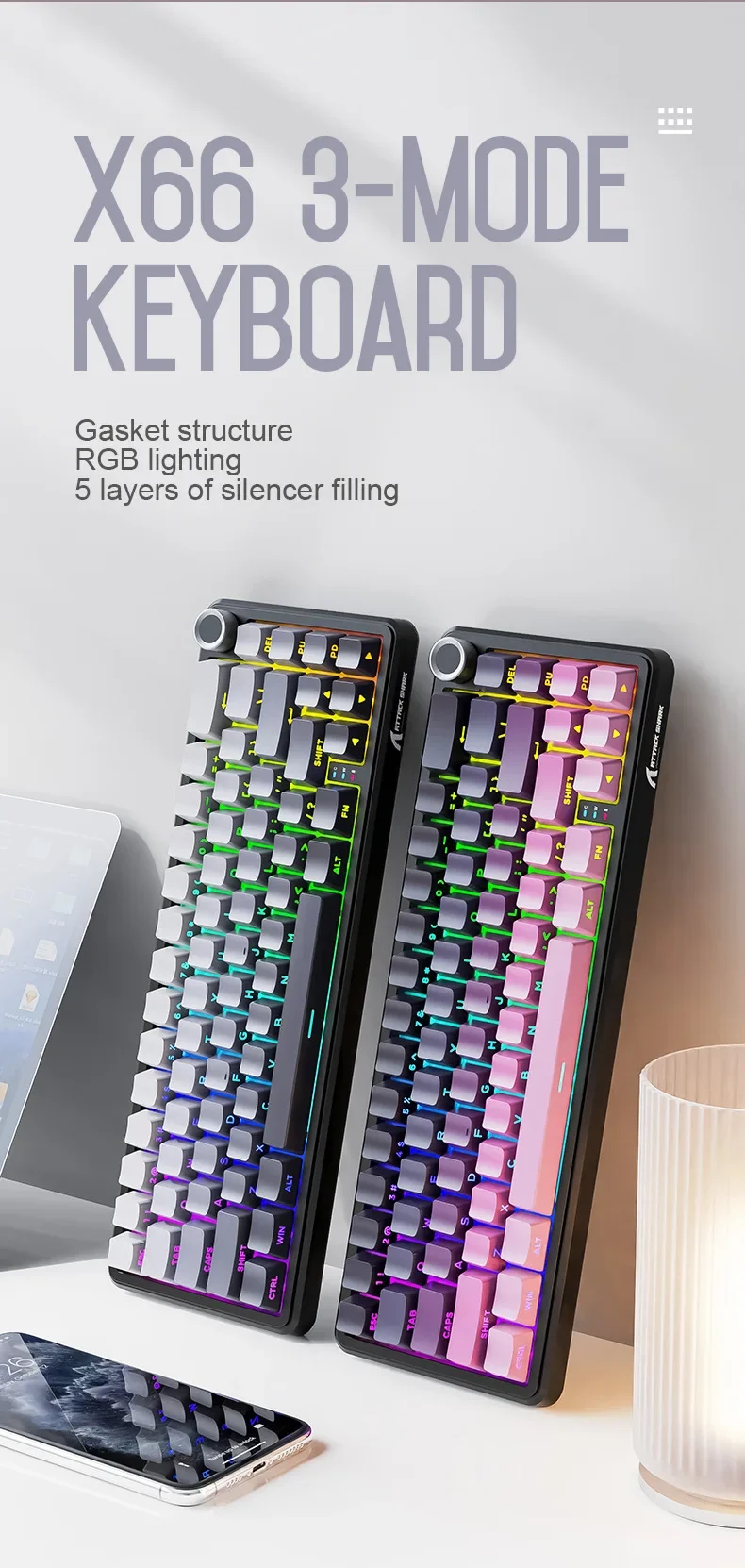 X66 Tri-mode Gasket Mechanical Keyboard, 60% ANSI Layout, Hot-swap, 5 Layer Foams, Linear Switch, RGB, programming