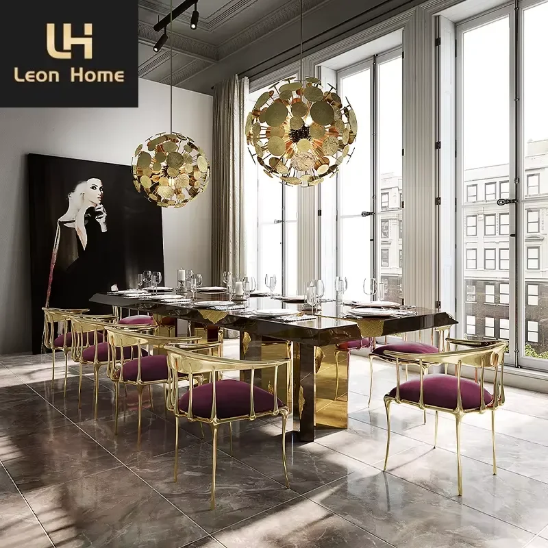Factory Customization High Quality High Large 10 12 Seater Modern Gold Stainless Steel Wooden Dining Table and Chairs