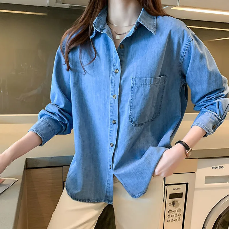 

Blue Button Up Shirt Women Casual Long Sleeve Denim Shirts Tops Blusas De Mujer 2025 Korean Fashion Pocket Cowboy Blouse