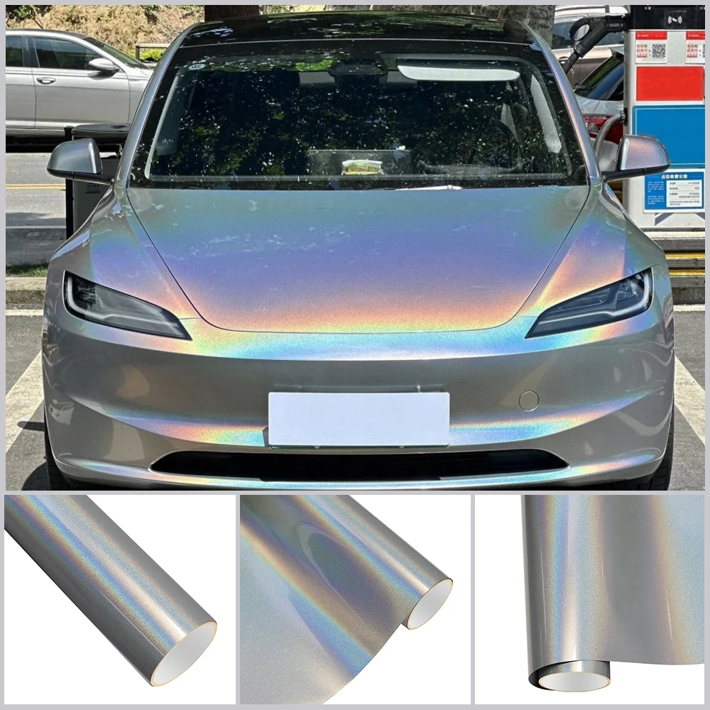 

Car Vinyl Film PET Iridecence Laser Silver White Auto Wrap Film Waterproof Self Adhesive Motorcycle Car Body Decoration Decal