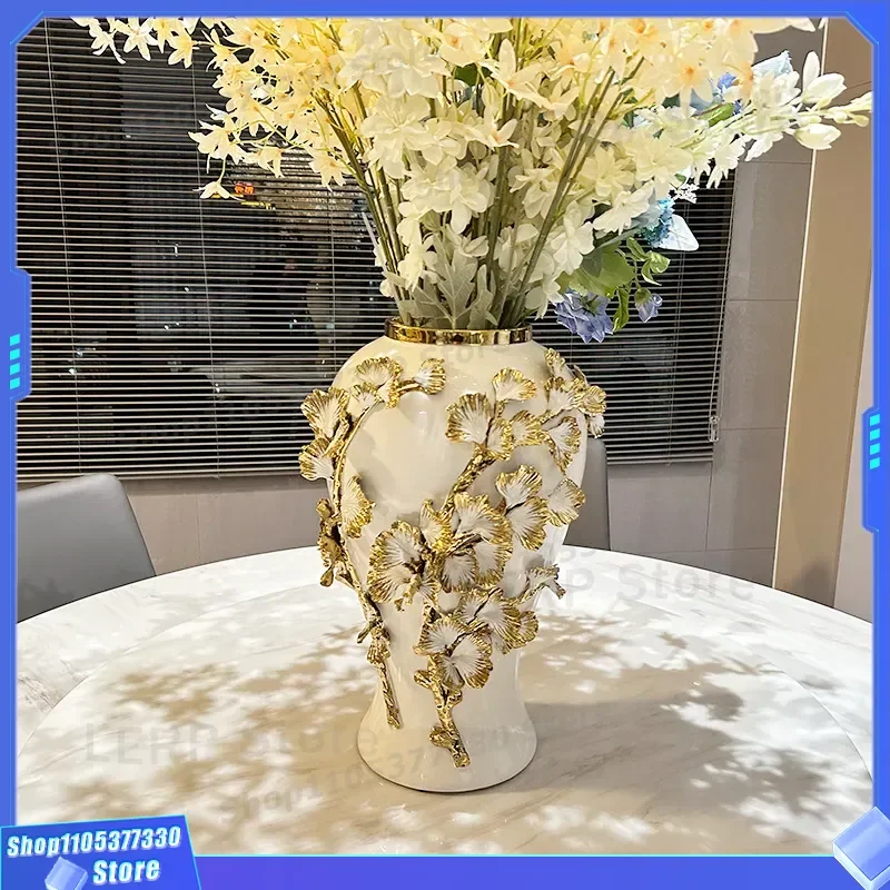 Luxury Handmade Ceramic Vase Electroplated Gold Decal General Bottle Flower Arrangement Ornament for Living Room Entrance