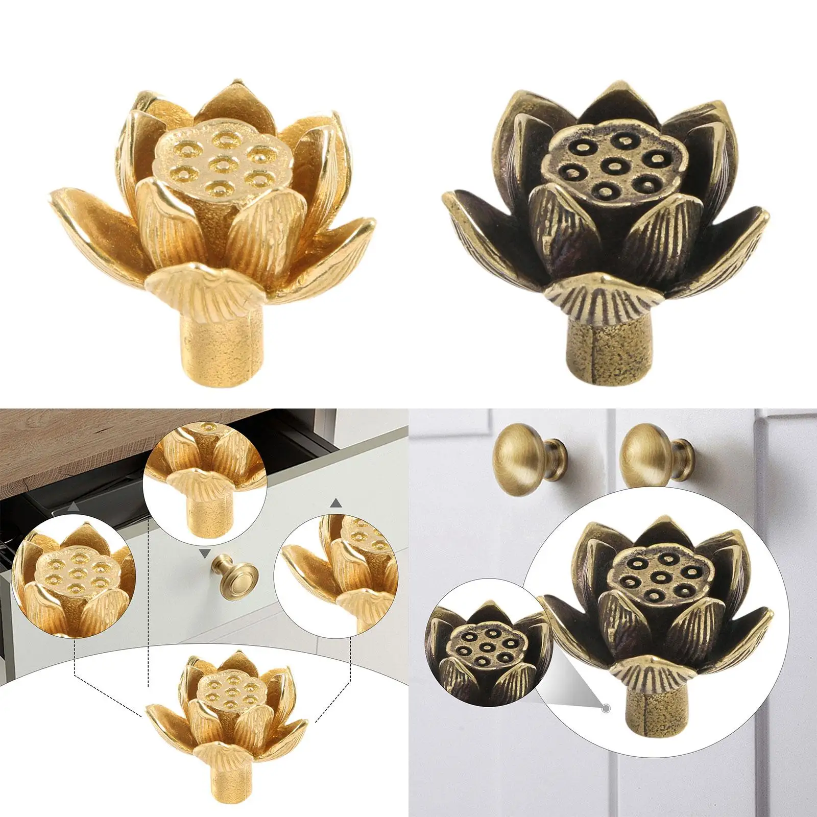 Brass Drawer Pull Knobs Lotus Seedpod Cabinet Handles Golden Furniture Button for Wardrobe and Cupboard