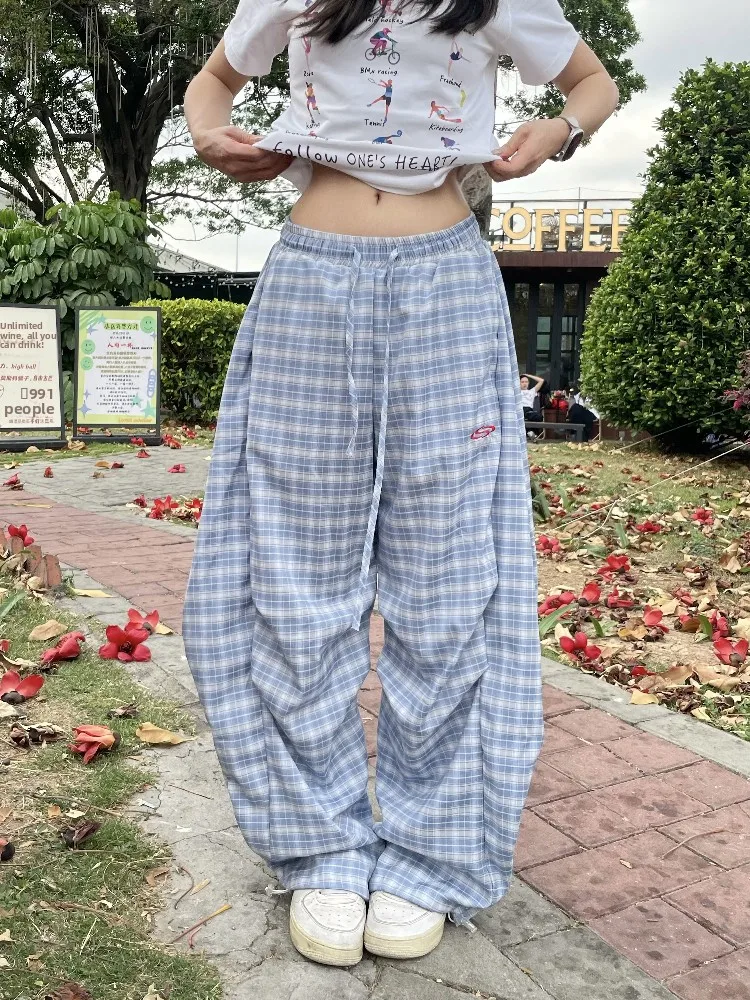 

American Retro Blue Gored Skirt Pants Women's Spring Summer Loose Lazy Sle Drapey Plaid Wide Leg Casual Trousers