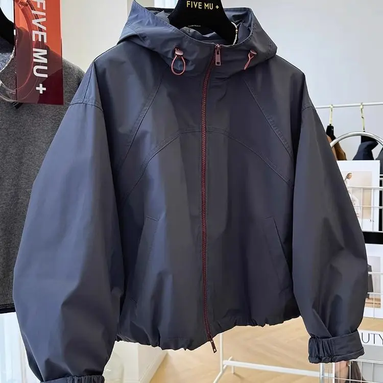 

Dark Gray Hooded Short Jacket For Women In Spring And Autumn 2025 Loose And Thin Simple Casual Jacket