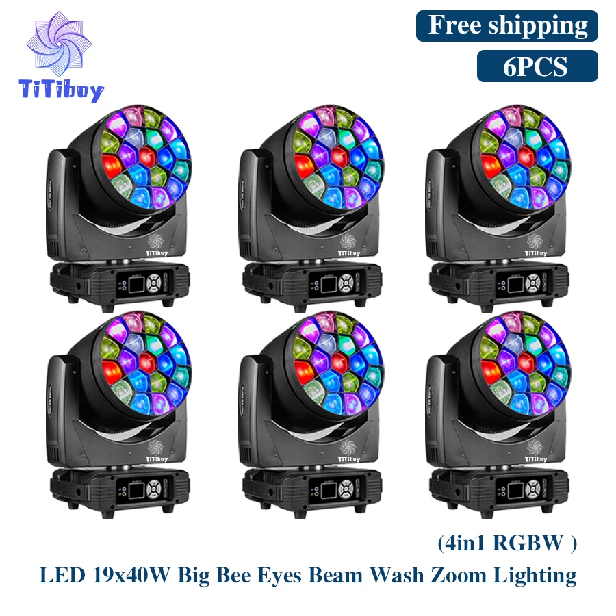 0 Tax 6Pcs LED Beam Wash Big Bees Eyes 19x40W RGBW Zoom Moving Head Lighting With LED Aperture DJ Disco Stage Effect Equipment