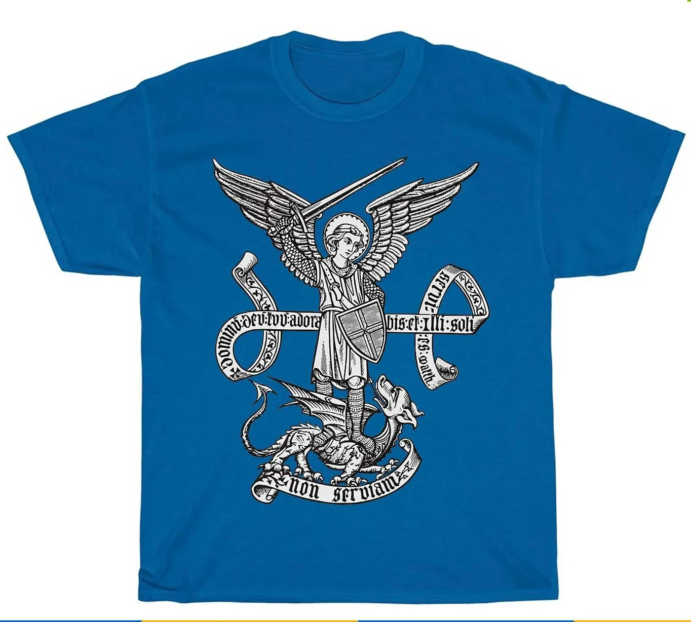 Summer Cotton Short Sleeve O-Neck Mens T Shirt New S-5XL anime clothes Catholic Angel Defend Us. Archangel St Michael T-Shirt.