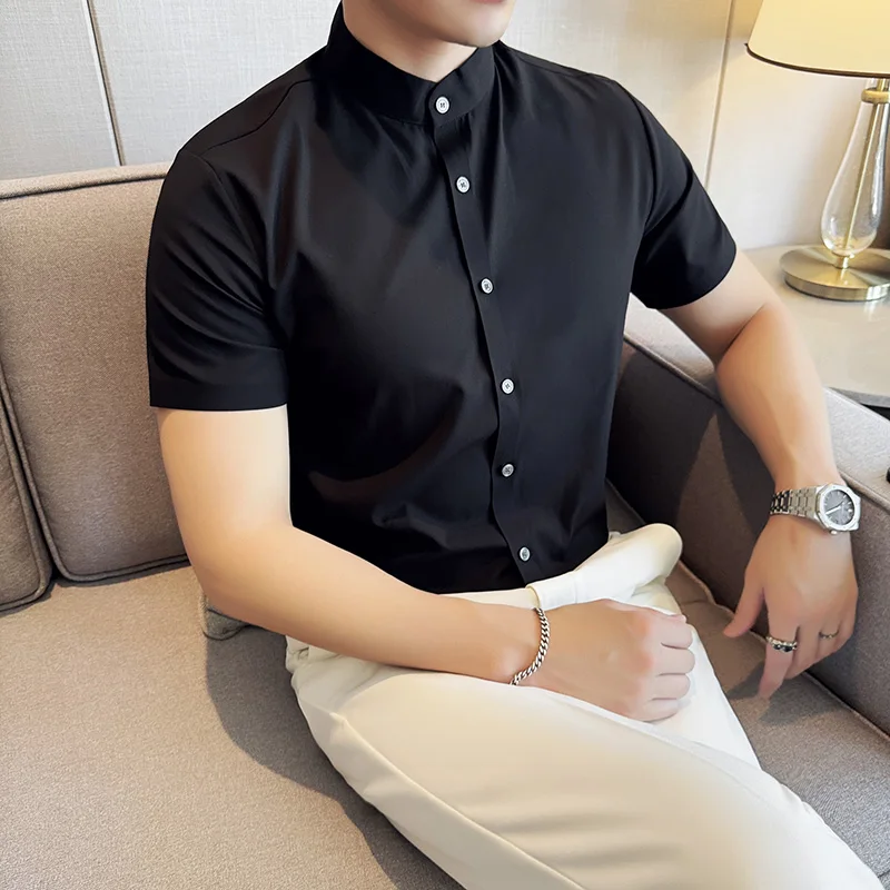 

Chinese Style Elastic Seamless Shirt for Men Short Sleeve Casual Business Formal Shirt Solid Color Office Social Uniforms Tops