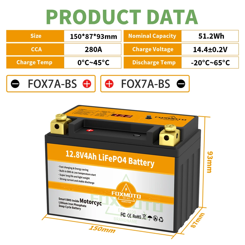 FOX7A-BS 12.8V 51.2Wh CCA 280A BMS Motorcycle Start Battery 12.8V Lithium iron Phosphate Scooter LiFePO4 Batteries YTX7A-BS