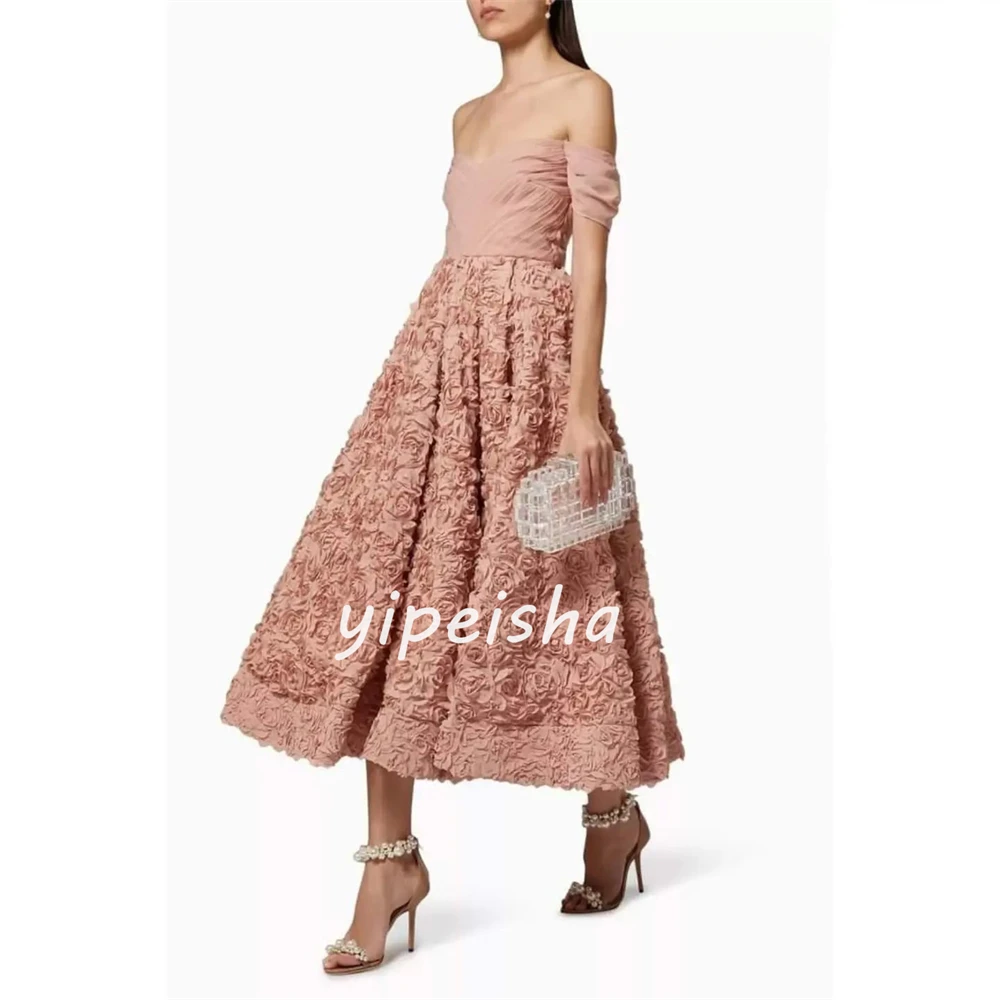 Flower Ruched A linha Off-the-ombro Vestido Midi, Wedding Party Jersey, Vestido Ocasião Bespoke