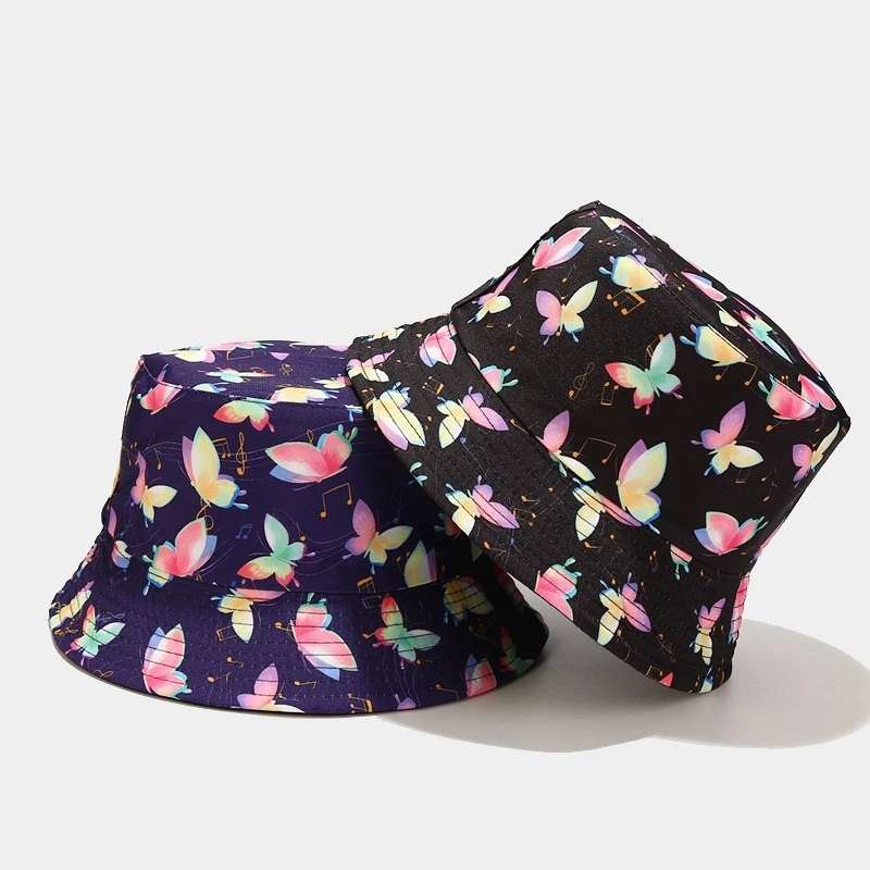 Gradient Butterfly Print Bucket Hat Unisex Casual Cotton Sun Cap