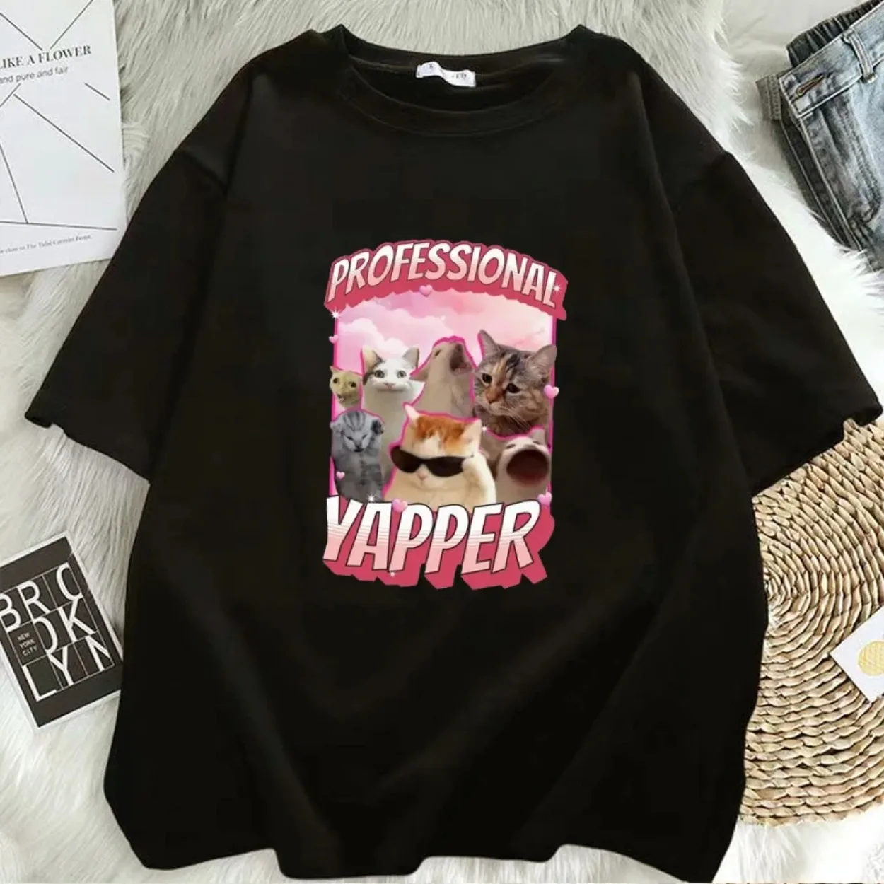 Fashion Retro Women T-Shirts Funny Professional Yapper Meme Cat Pattern Short Sleeved T-shirt Casual Comfortable Female Clothing