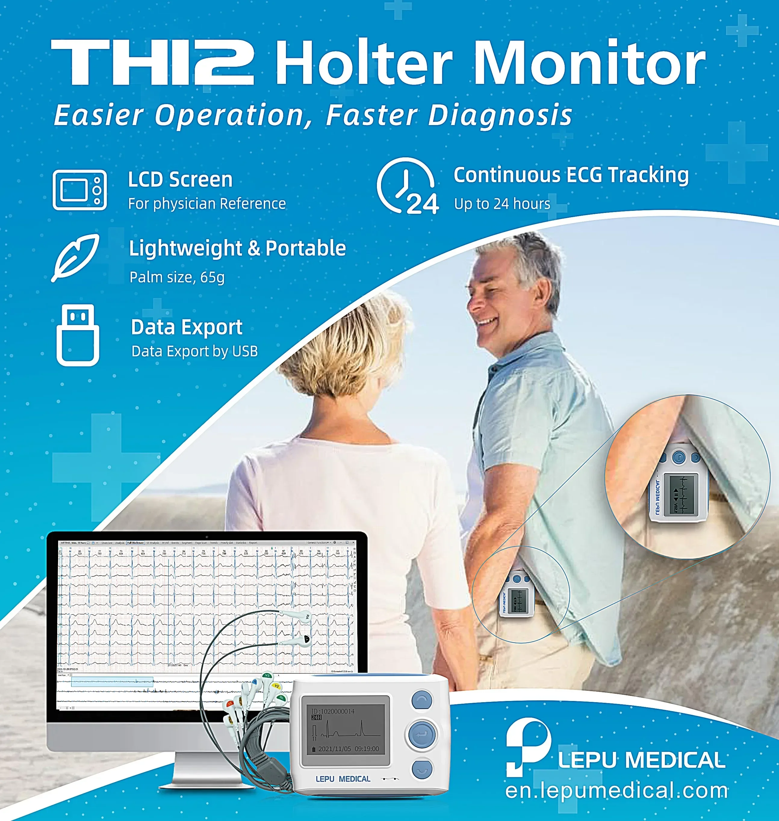 LEPU ST / QT Analysis Function Ambulatory Cardiac Heart Holter Machine Holter