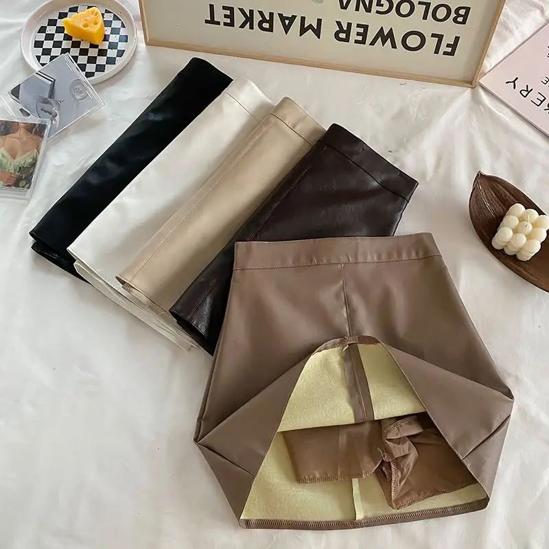 A Line PU Leather Mini Skirts Women 2026 Casual High Waist Korean Fashion Y2k Clothes Slim Shorts Sexy Bodycon Black Micro Skirt