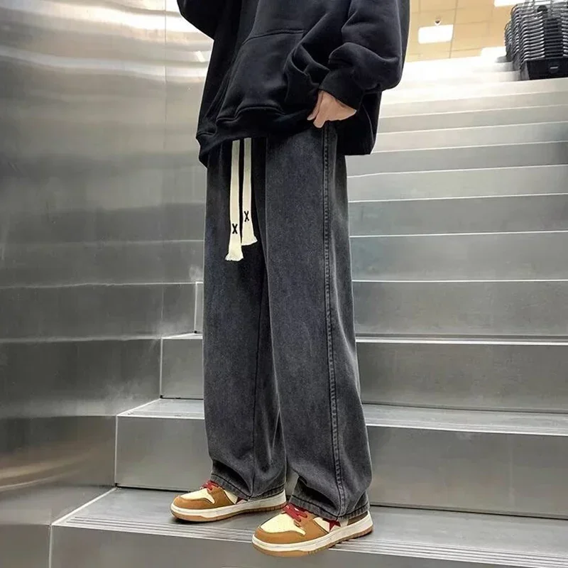 

Мужские повседневные однотонные джинсы, мужская уличная одежда, модные прямые широкие свободные джинсовые брюки с эластичной резинкой на талии, удобные серые брюки