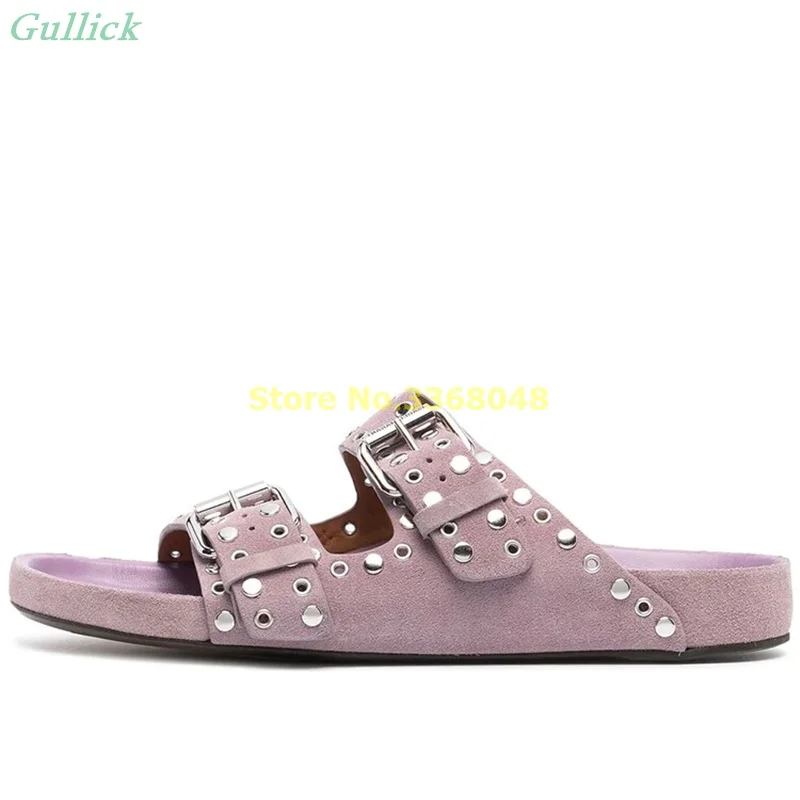 

Rivet Buckle Strap Suede Slippers Flat With Round Toe Slip On Hole Fashion 2024 Summer Women Slides Metal Buckle Casual Shoes