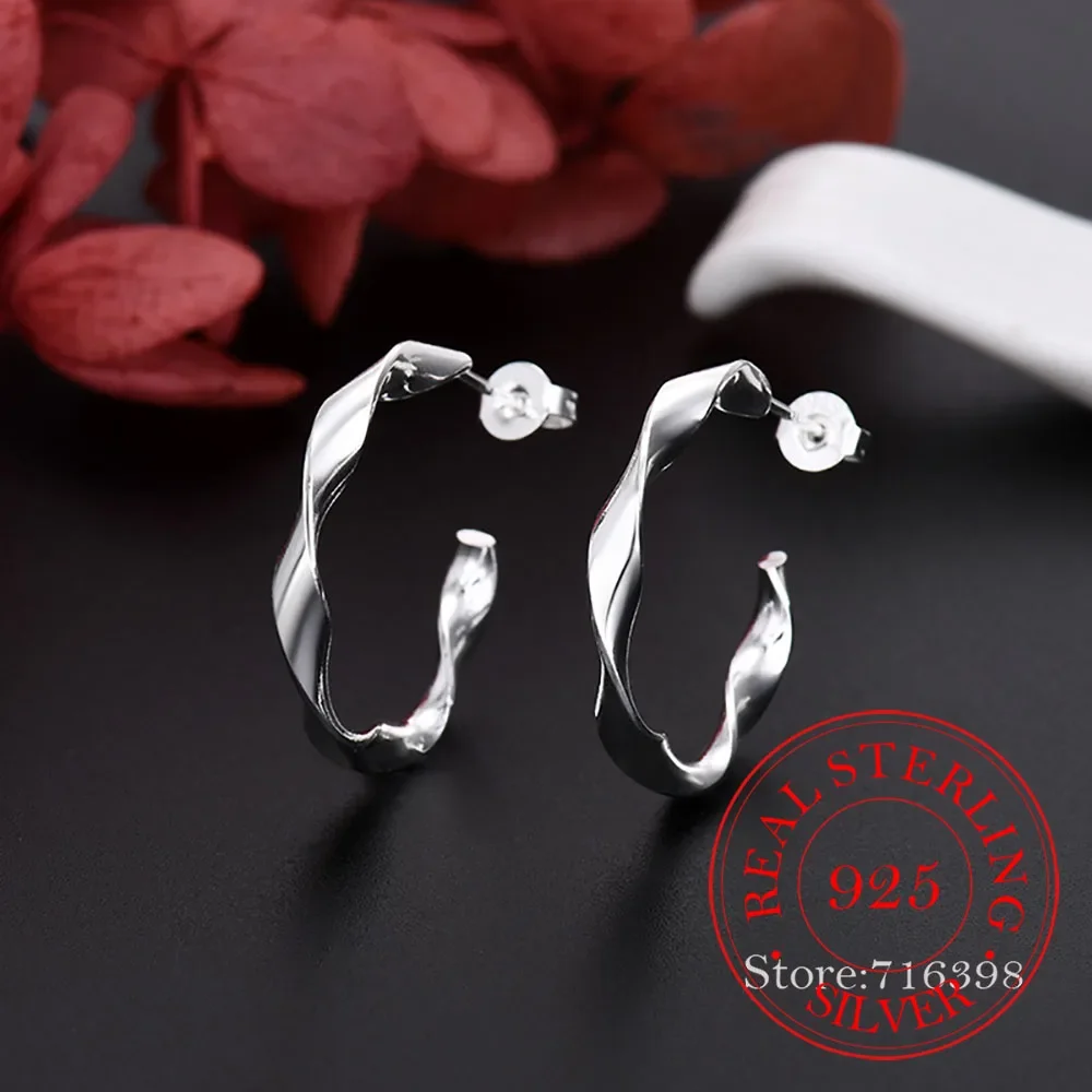 925 Sterling Silver Geometric Glossy Twisted Line Hoop Earrings for Women Girls Piercing Jewelry Women's Party Wedding Pendiente