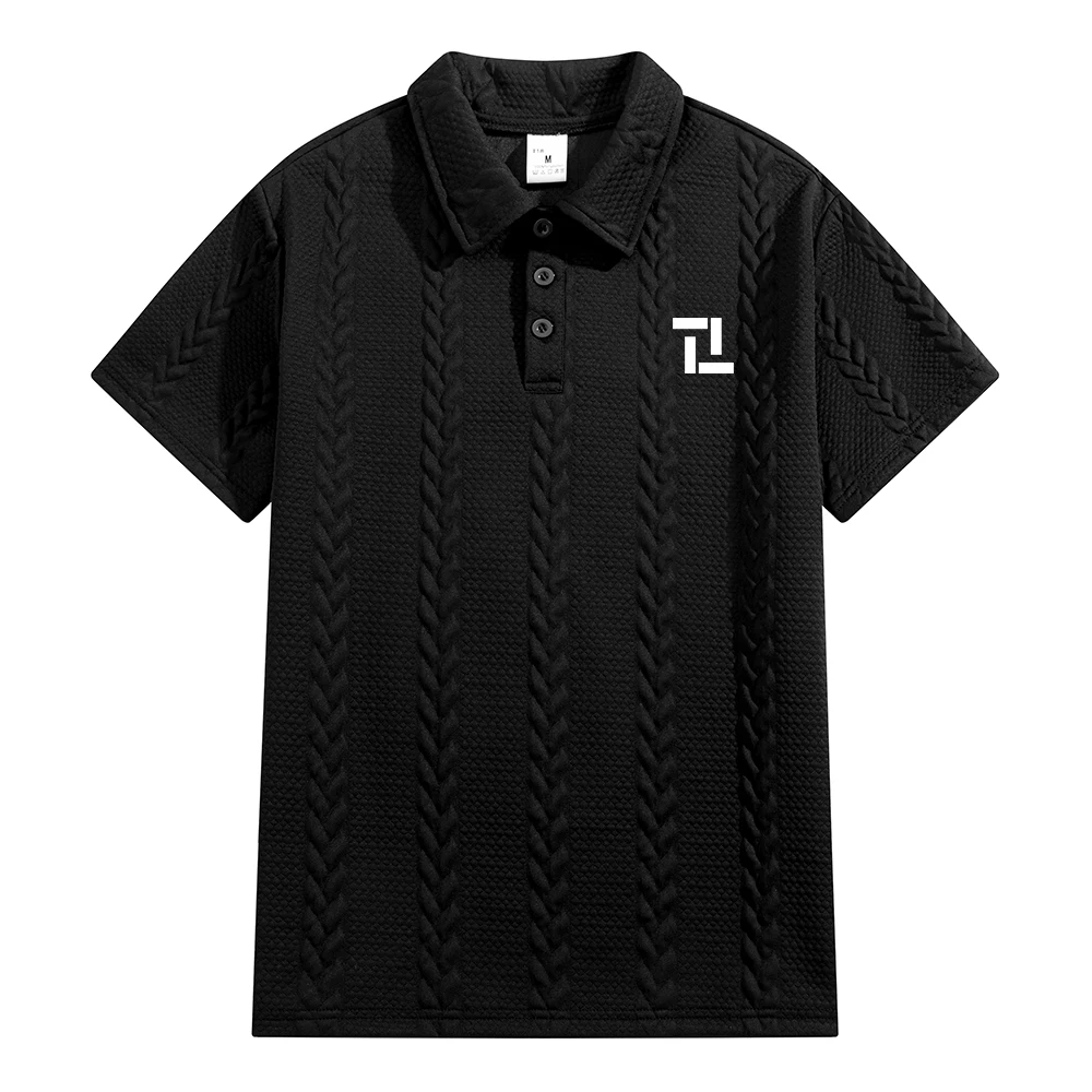 Men's Wheat Jacquard Polo Shirt Short Sleeve Cable Knit Textured Geometric Block Print 3 Button Placket Casual Streetwear Daily