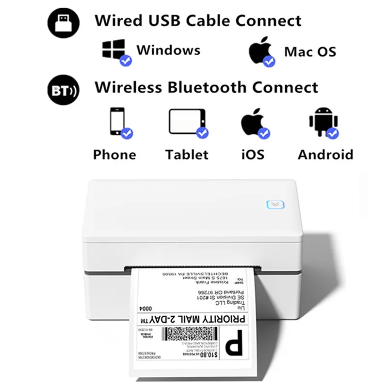 حزم التجارة الإلكترونية طابعة ملصقات بدون حبر 4x6 طابعة ملصقات الشحن الحراري بلوتوث متوافقة مع نظام التشغيل Android iOS Windows Mac OS