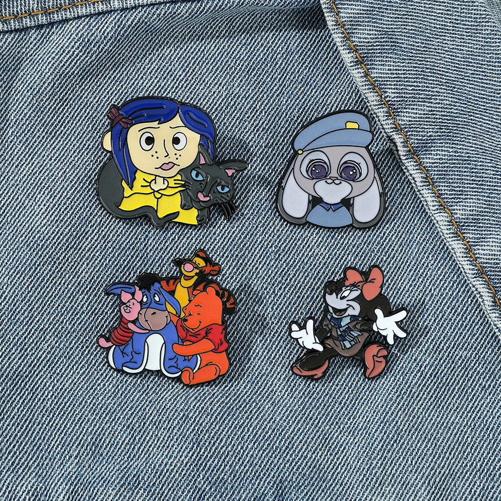 Coraline Pooh Bear Brooch Mickey Mouse Cute Cat Donald Duck Metal Badge for Bags Jeans Hoodies Lapel Pin Jewelry Kids Gift