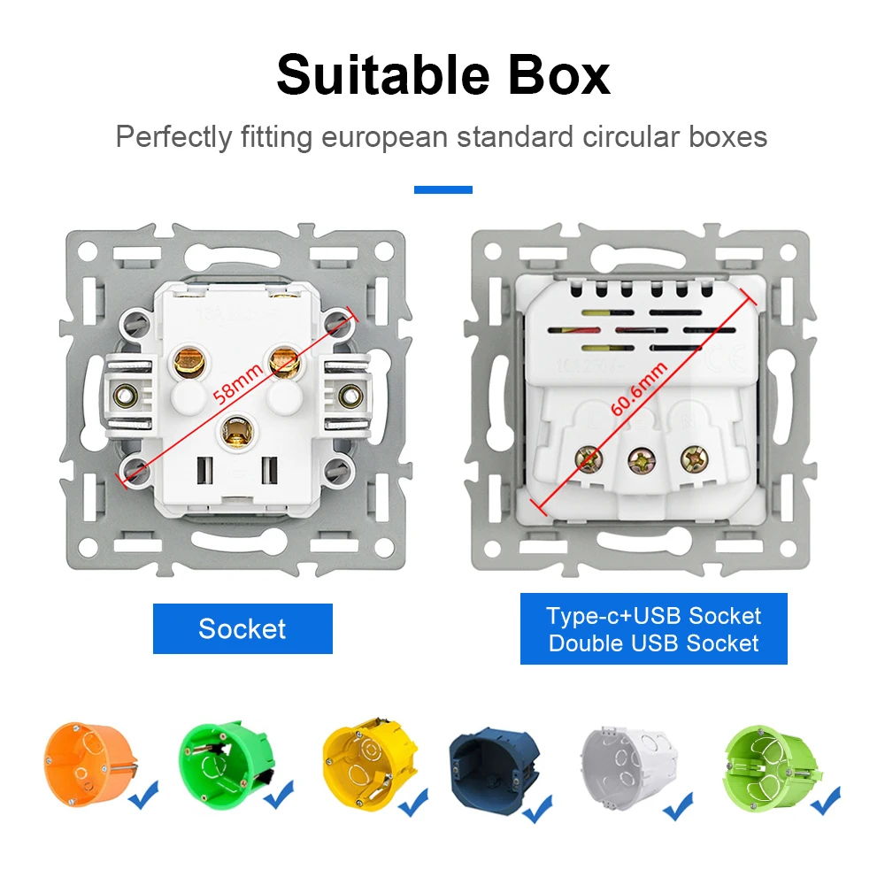 SRAN EU FR Type c ومقبس حائط USB 1-5 إطار لوحة زجاجية مجموعة تركيب عمودية للصناديق الدائرية