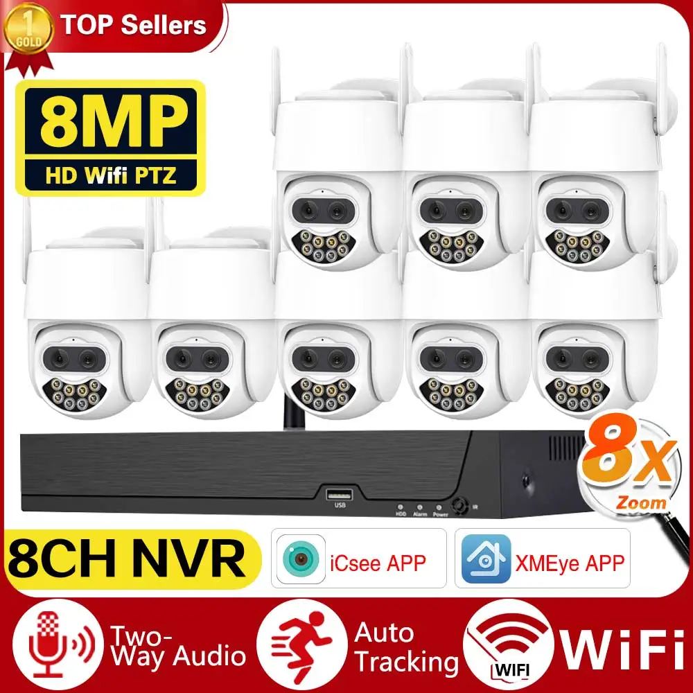 

4K 8MP PTZ Camera Outdoor 2.8+12mm Dual-Lens 8X Zoom Security Camera Auto Tracking P2P CCTV Surveillance 8CH Wifi NVR Kits iCSee