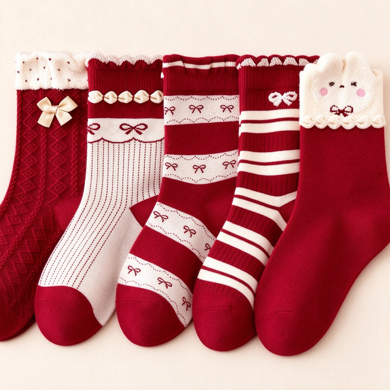 5 Pairs Girls Crew Socks Red Bow Rabbit Pattern Cute Ruffle Kids Mid Calf Socks Autumn Winter Gift