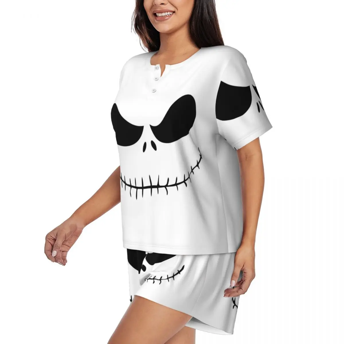Custom Nightmare Before Christmas Pajamas Set Women\'s 2 Piece Short Sleeve Jack Skellington Skull Sleepwear PJS Shorts Sets