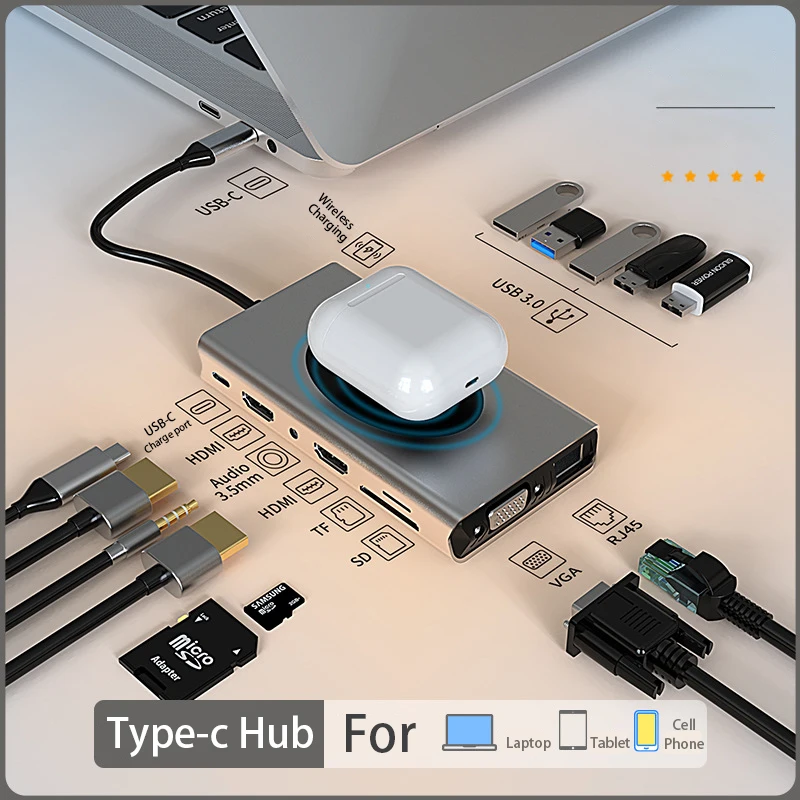 USB C Hub 14 in 1 Type-C to HDMI VGA SD/TF RJ45 PD 4K1080P USB3.0 3.5mm Audio Wireless Charge Docking Station for Laptop Macbook