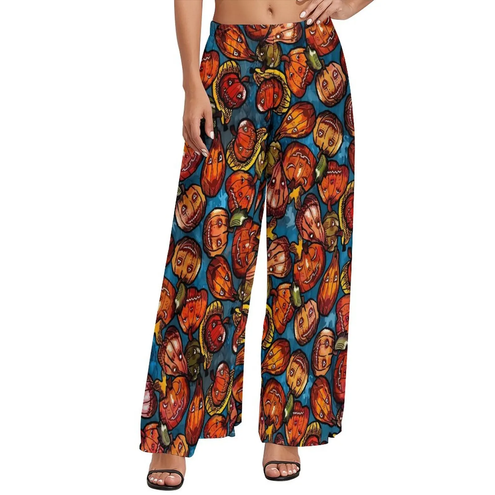 Pumpkins And Ghost Pants Halloween Print Classic Wide Pants Female Oversized Street Style Custom Straight Trousers