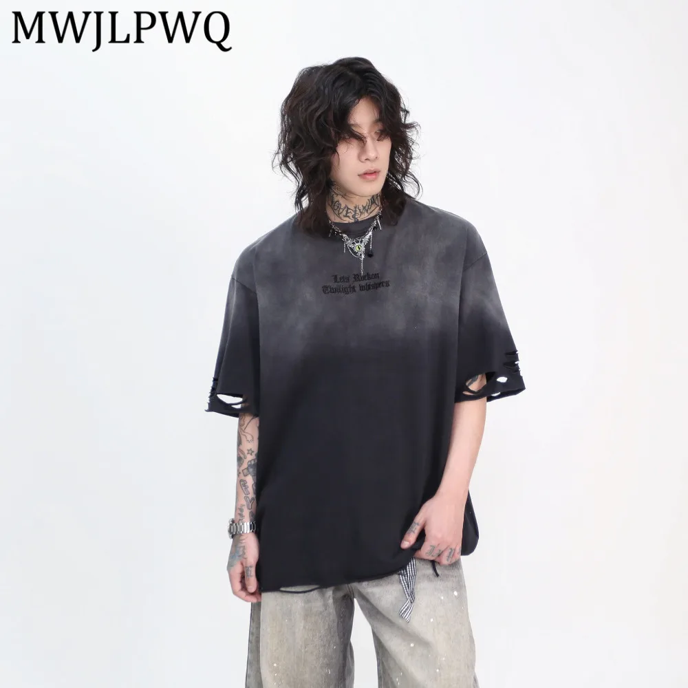 

Мужская трендовая футболка MWJLPWQ Heavy-Weight High Street с коротким рукавом, рваными элементами и градиентным эффектом, с ручной прорезкой отверстий, модель 14995