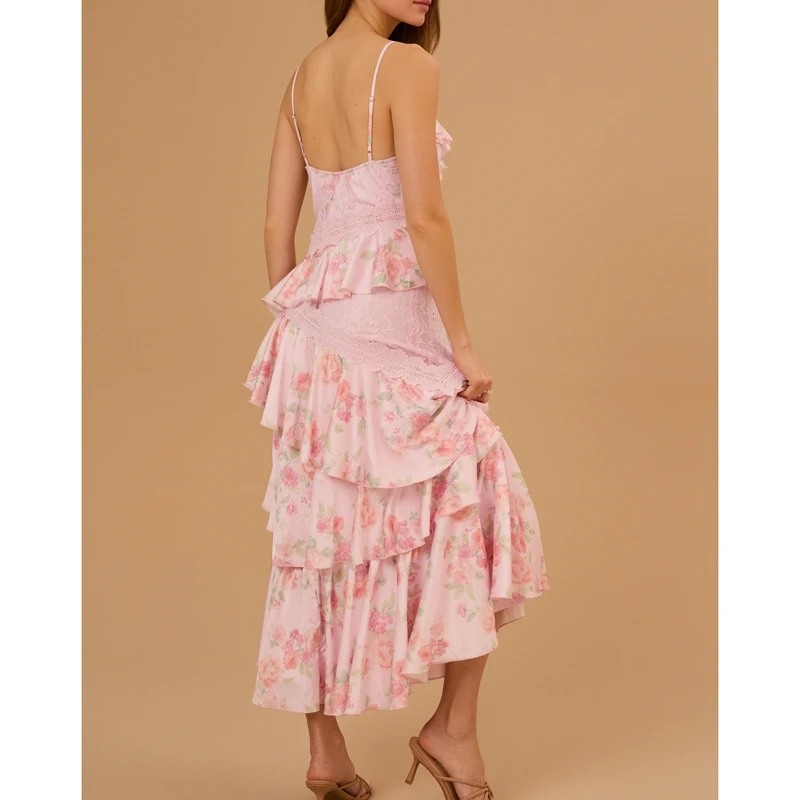 Combhasaki 여성 꽃 프린트 레이스 패치 워크 민소매 v 넥 백 레스 불규칙한 계층화 된 프릴 계층화 된 라인 롱 슬립 드레스