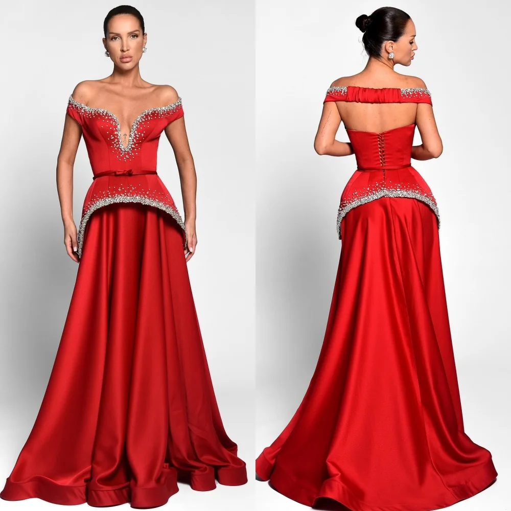 Customized High Quality Exquisite Charmeuse Rhinestone Ruched A-line Off-the-shoulder Long Dresses Bespoke Occasion Dresses Sexy