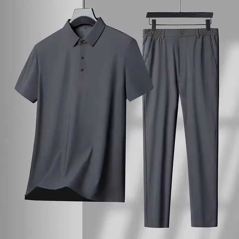 2025 Summer New Men's Polo Shirt Pants Set Ice Silk Cool Quick Drying Middle aged Youth Light Luxury Two piece Set