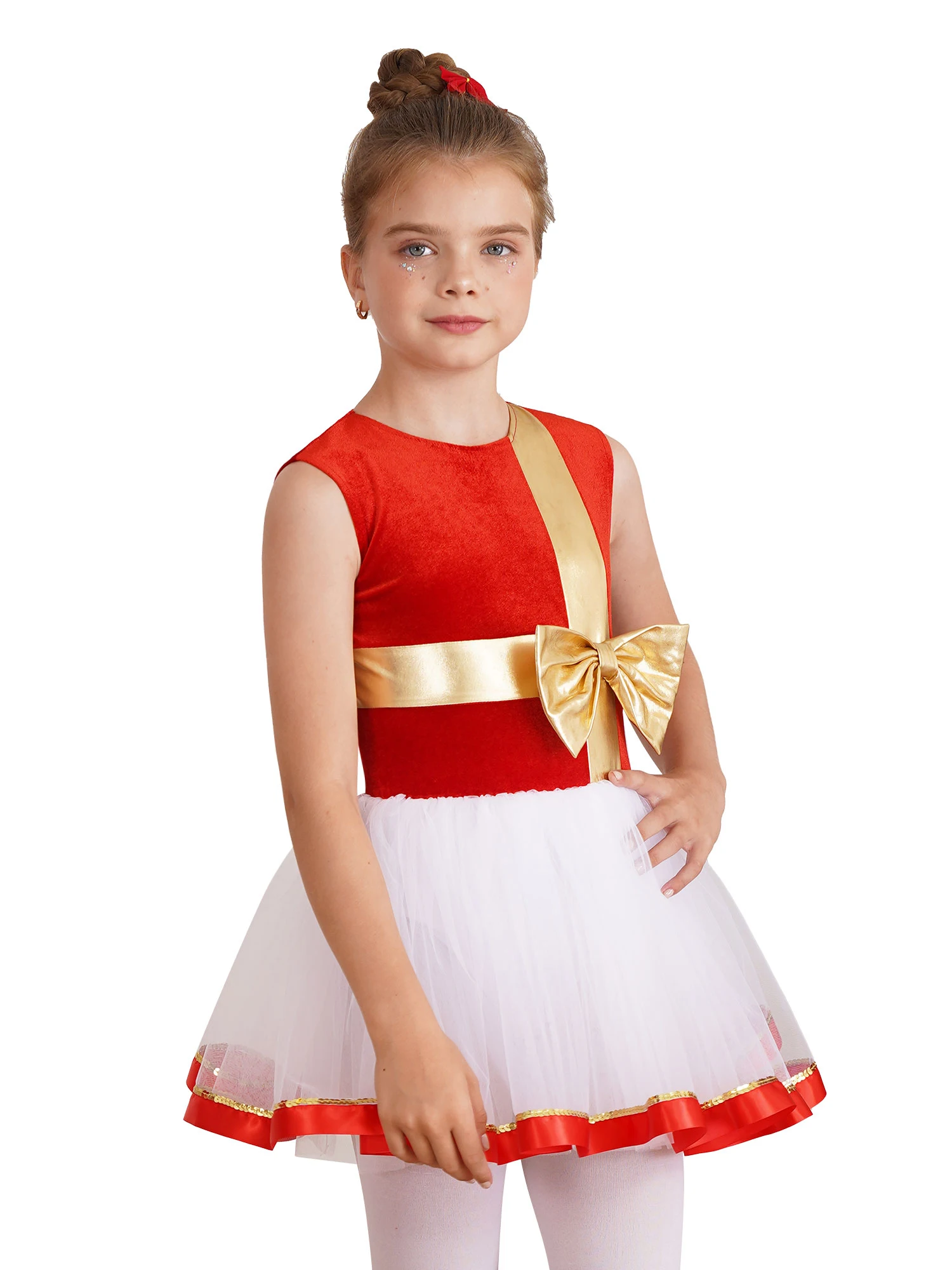 Kids Girls Christmas Dance Dress Santa Claus Costume Velvet Sleeveless Ballet Tutu Dress Leotard Figure Ice Skating Dress