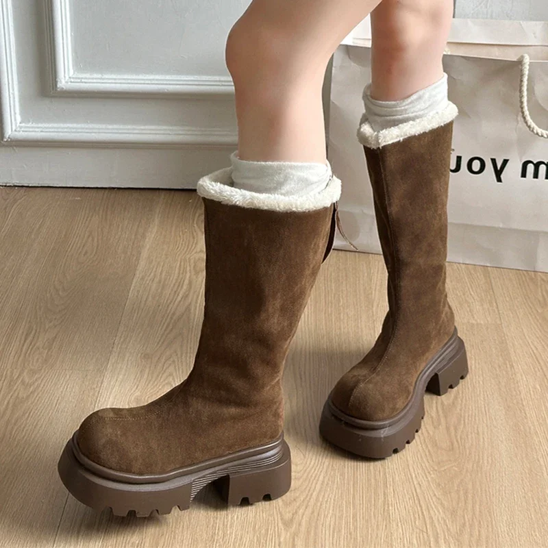 Flats Platform Women Snow Boots Fur Warm Suede Shoes Short Plush Winter High Boots 2025 Trend Walking Casual Chelsea Botas Mujer