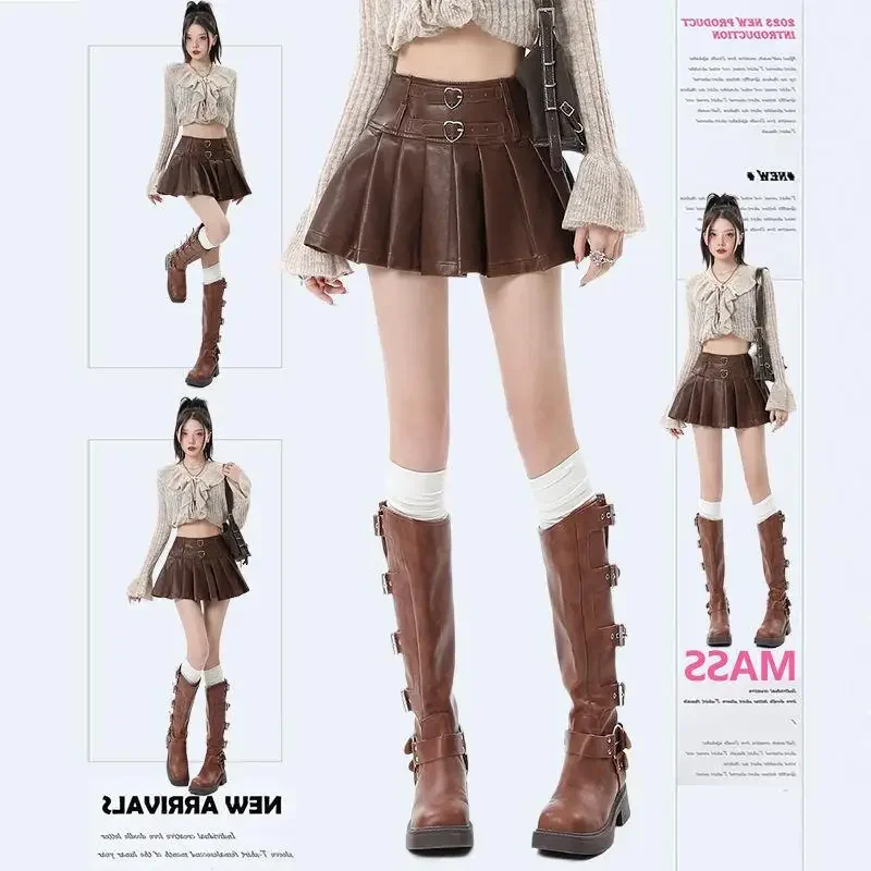 XS-3XL Y2K Pu Leather Mini Skirts Women Streetwear High Waist Pleated Skirt Vintage Korean Black Slim Casual A Line Skirts