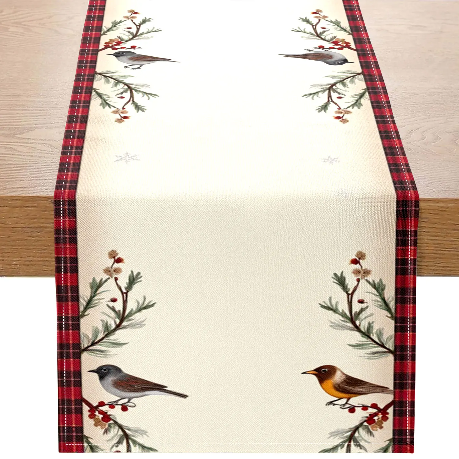 1 Piece of Winter Bird-Themed Table Runner, Featuring Redbirds, Sparrows, and Other Birds, as Well as Berry and Snowflake Patterns, Suitable for Christmas, Winter Family Gatherings, and Other Occasions