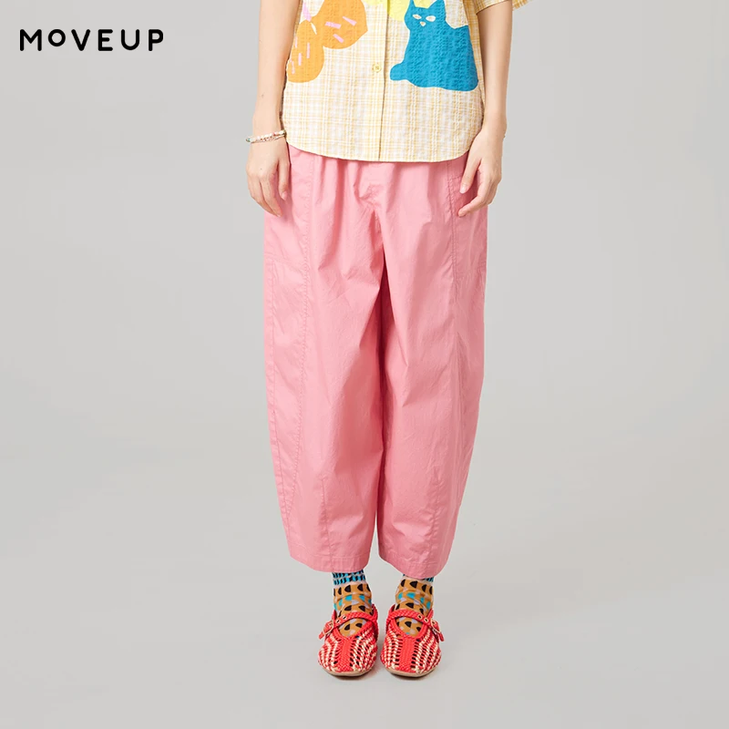 MOVEUP Straight Leg Pants For Women 2026 Summer New Cotton Elastic Waist Fun Woven Label Pocket Minimalist Trousers 3ELX20125