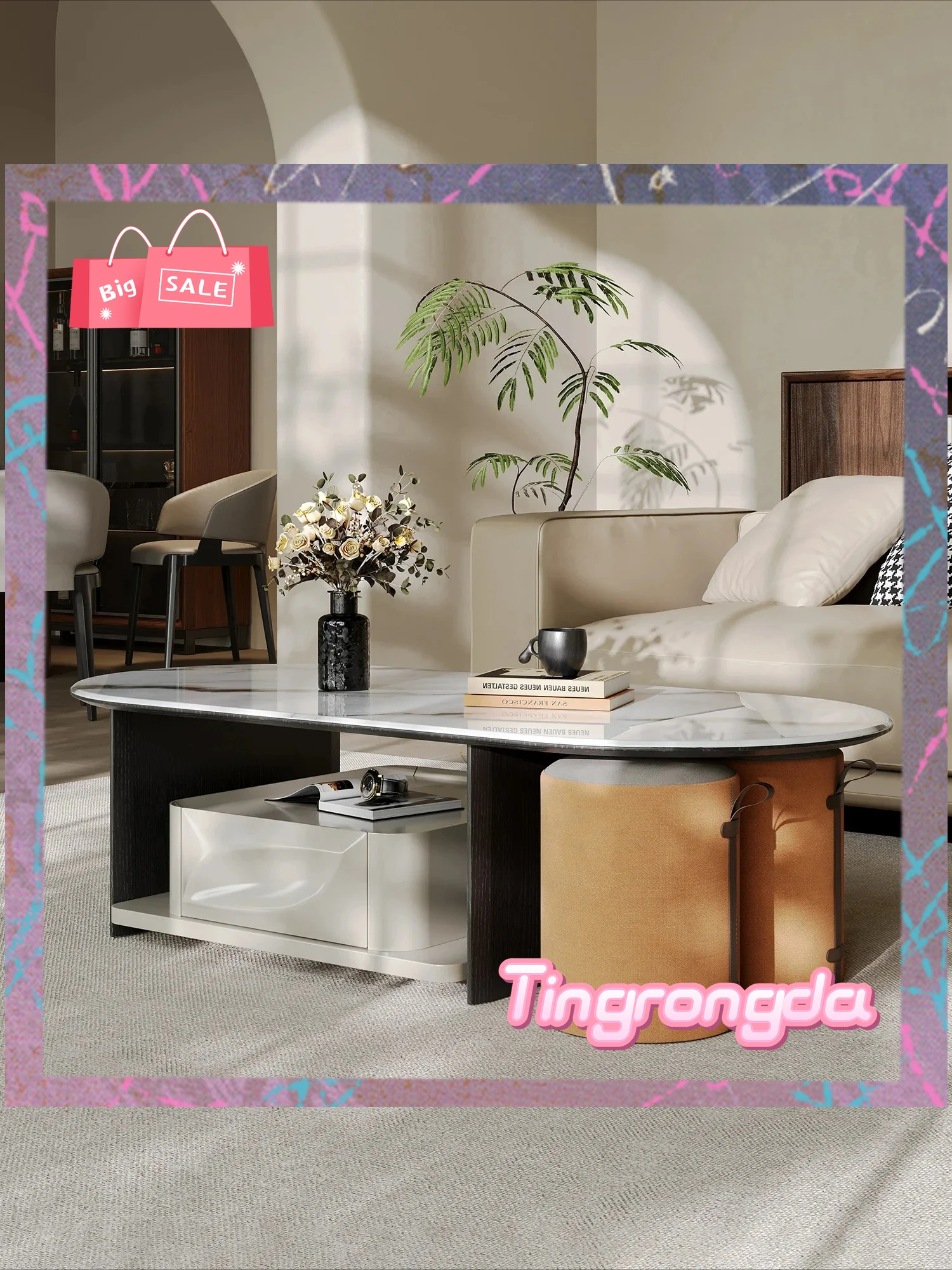 Y Wabi sand wind microcrystalline stone coffee table living room household size apartment tea table