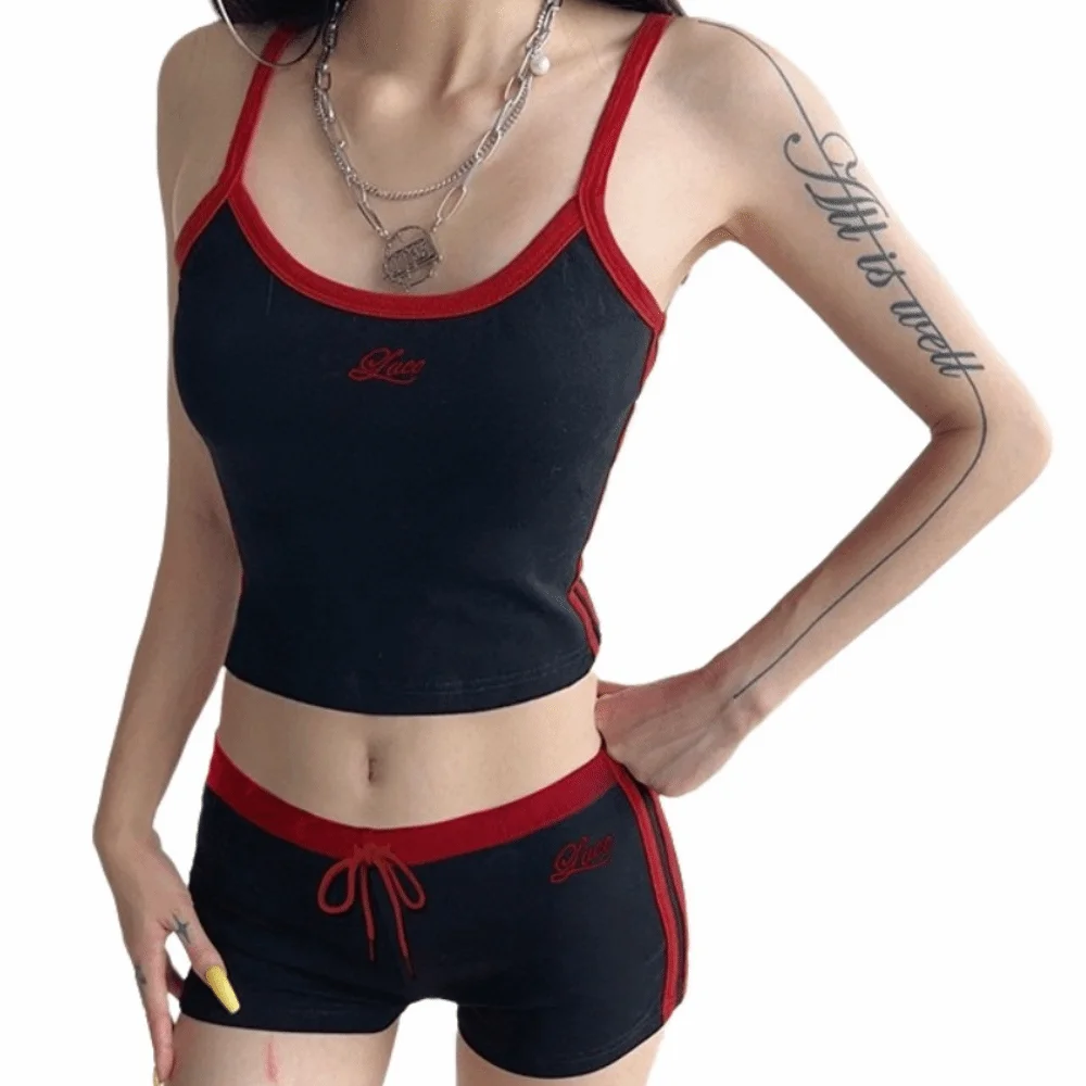 

Breathable Embroidered Sports Set Casual Letter Stitching U-Neck Vest Soft Comfortable Drawstring Shorts Sports Activities