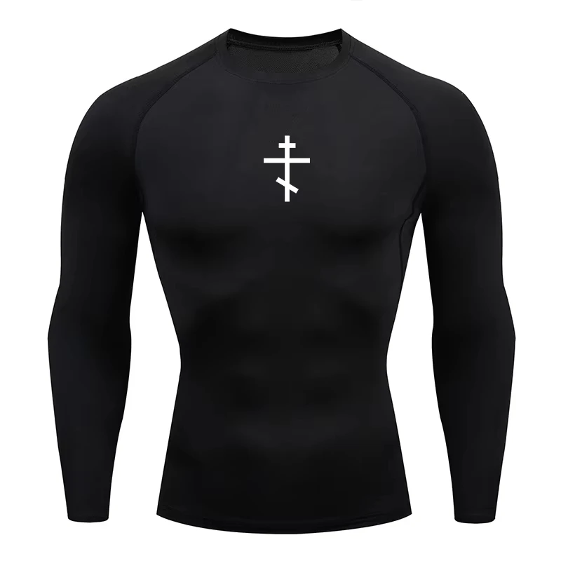 Cross Print Compression Shirt Men's Christian Athletic Tshirt Tees Tops Gym Workout Fitness Running Baselayers Undershirts