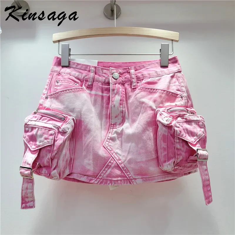 

Vintage Pretty Girl Rose Red Green Snow Wash Cargo Mini Denim Skirts Jean Y2K Sexy Short Jeans Skirt with Lining Women Korean