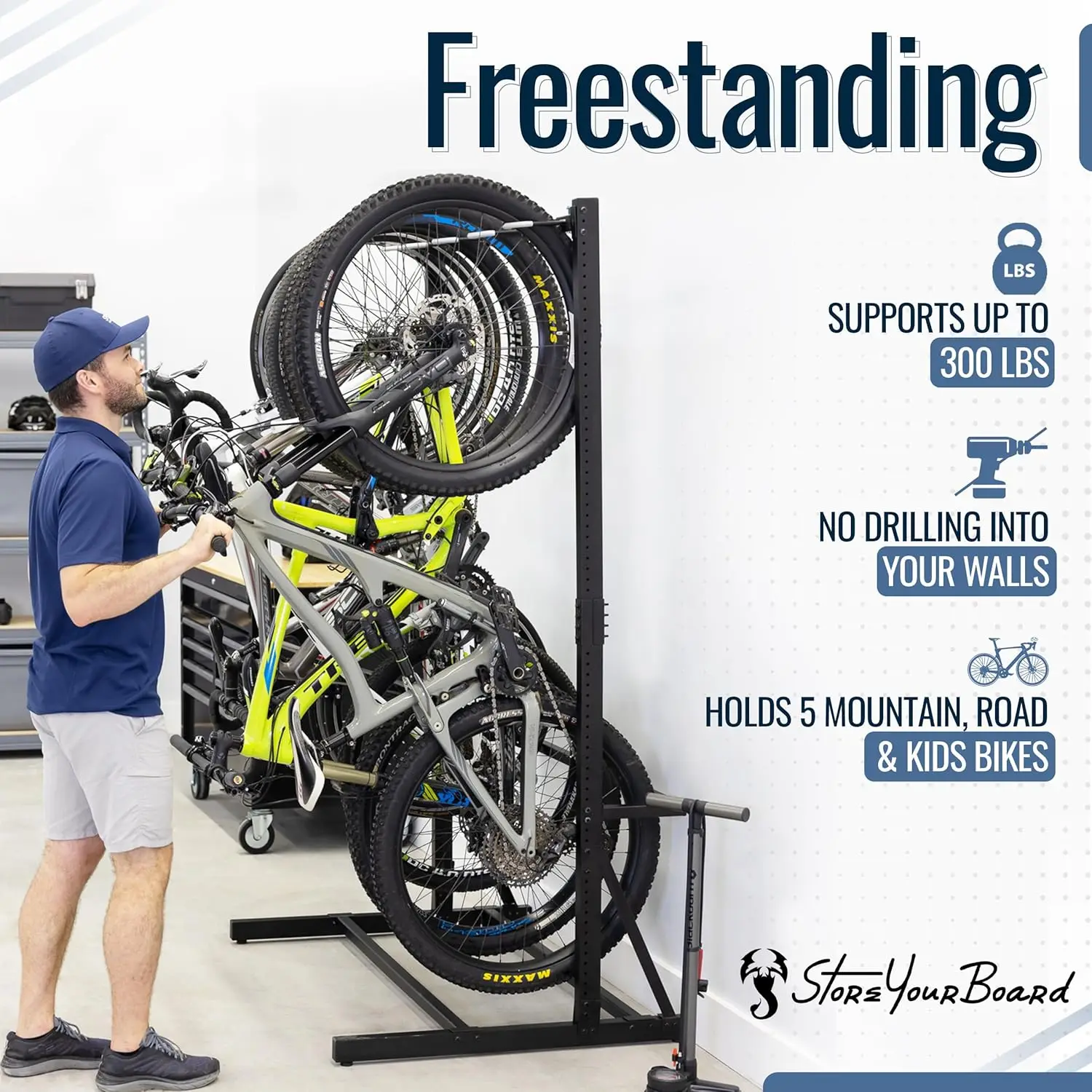 Freestanding 5 Bike Storage Rack, The Original G-Bike, Indoor Garage Floor Stand, Bicycle Organizer