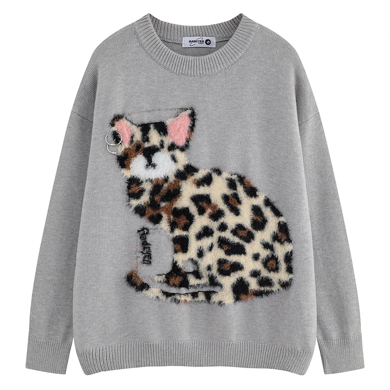 

Streetwear Oversized Knitted Jumper Sweater Cute Fuzzy Cat Embroidery Leopard Pattern Piercing Detail Pullover Knitwear Clothing